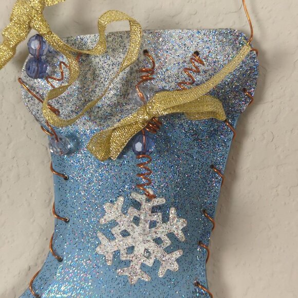Handmade Blue White 2 Glitter Ornaments Christmas Stocking Metal 5.5" Snowflake - Picture 5 of 11